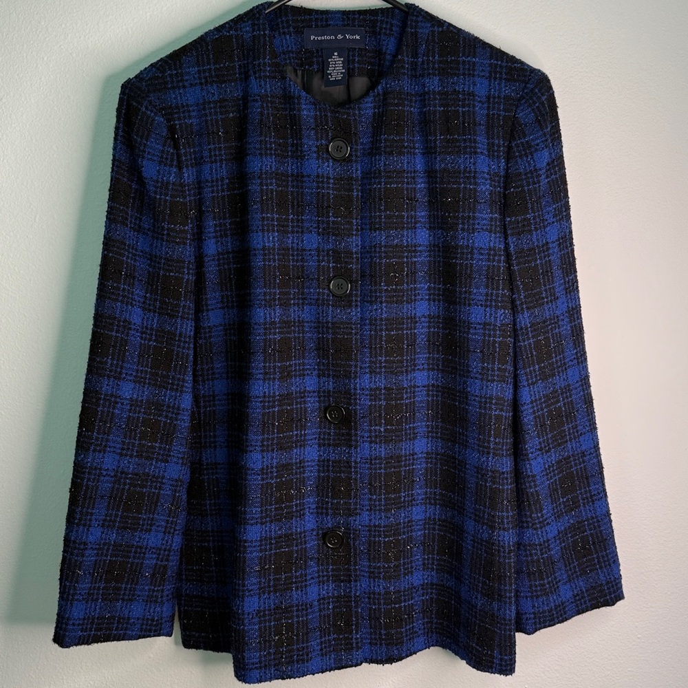 Preston & York Metallic Tweed Wool Blend Blazer Women’s 16 Royal Blue Black